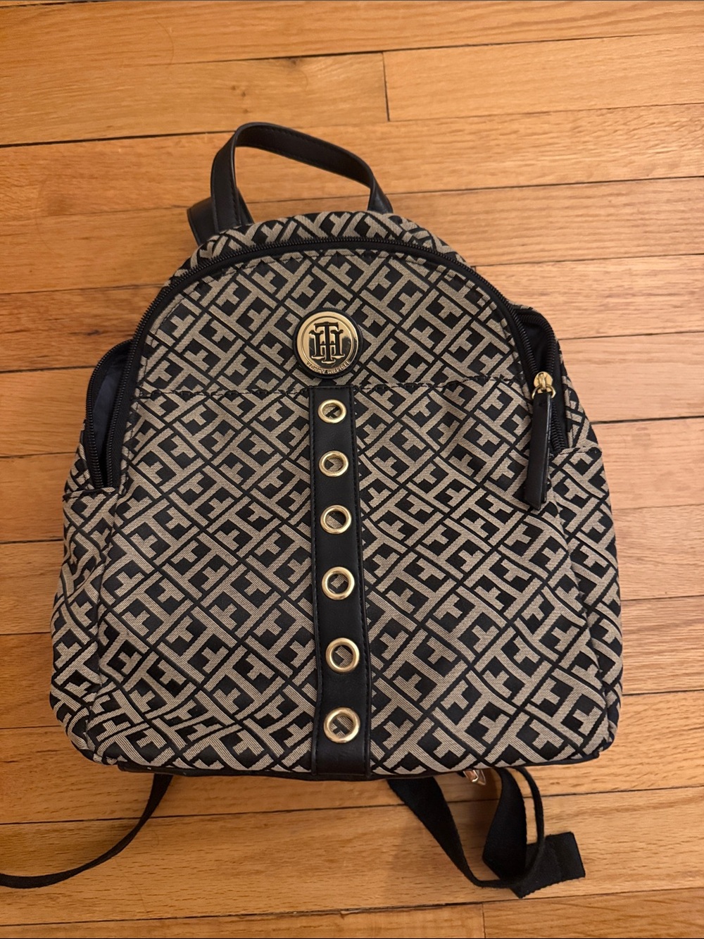Tommy Hilfiger Black & Beige Monogram Mini Backpack